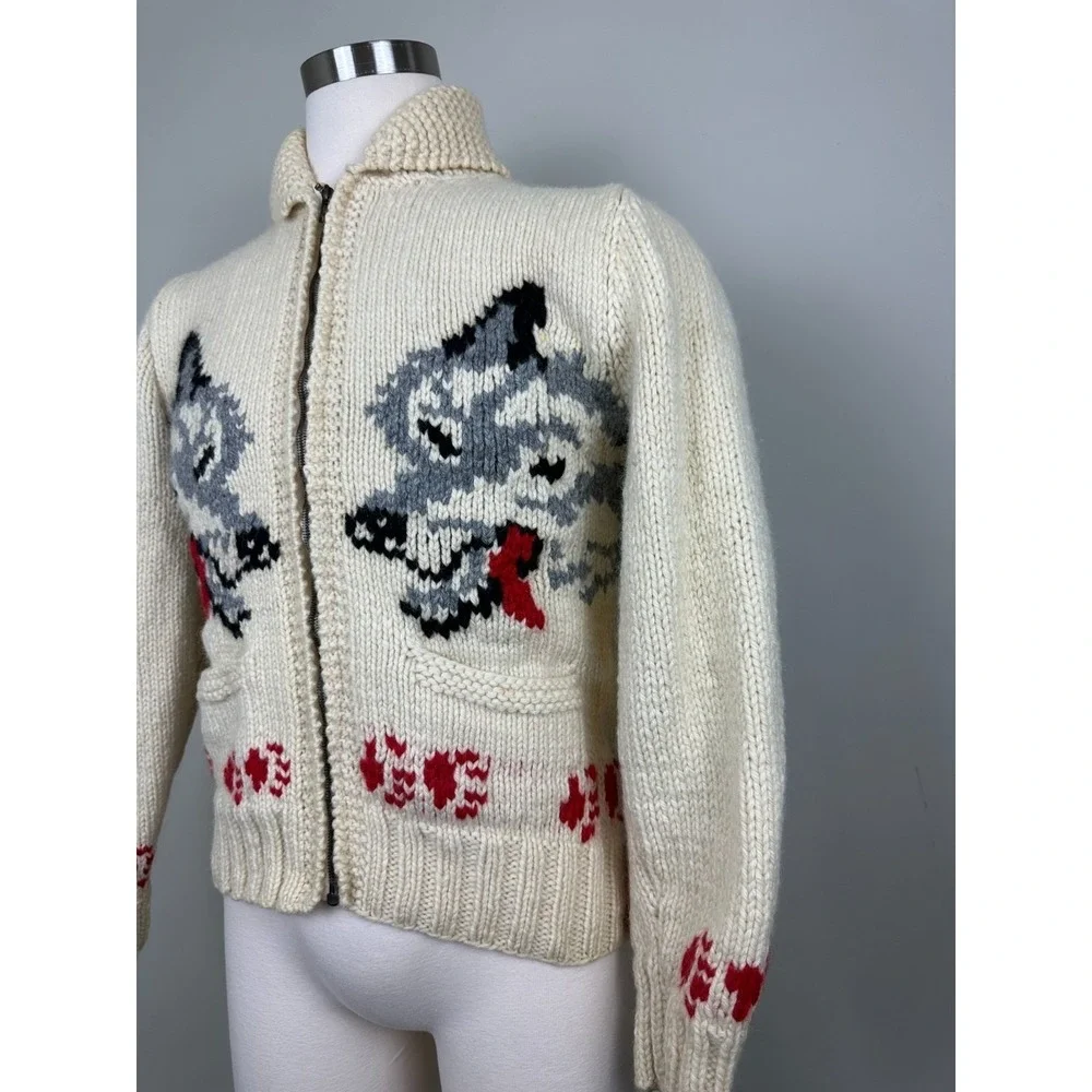 RARE Vintage 1950s Wolf Mary Maxim Cowichan Sweater Wool 100% Large - Picture 2 of 16